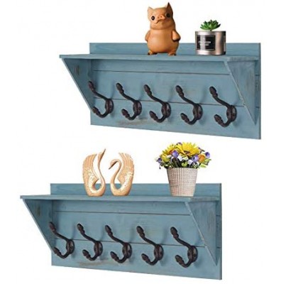 Set of 2 Coat Rack Shelf Wall Mounted 5 Hooks Wooden Rack Decorative for Bathroom