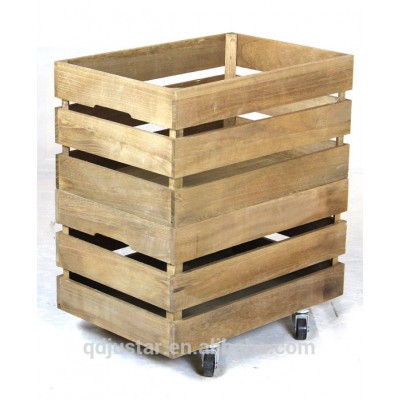 Wooden storage distressed pine crate with wheel