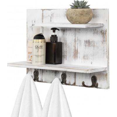 Shabby Whitewashed Wood Wall Mounted Storage Organizer Shelf with 6 Hooks