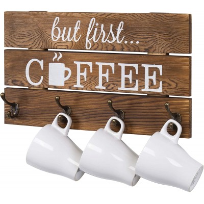 8-Hook Rustic Dark Brown Wood But First Coffee Sign and Mug Holder